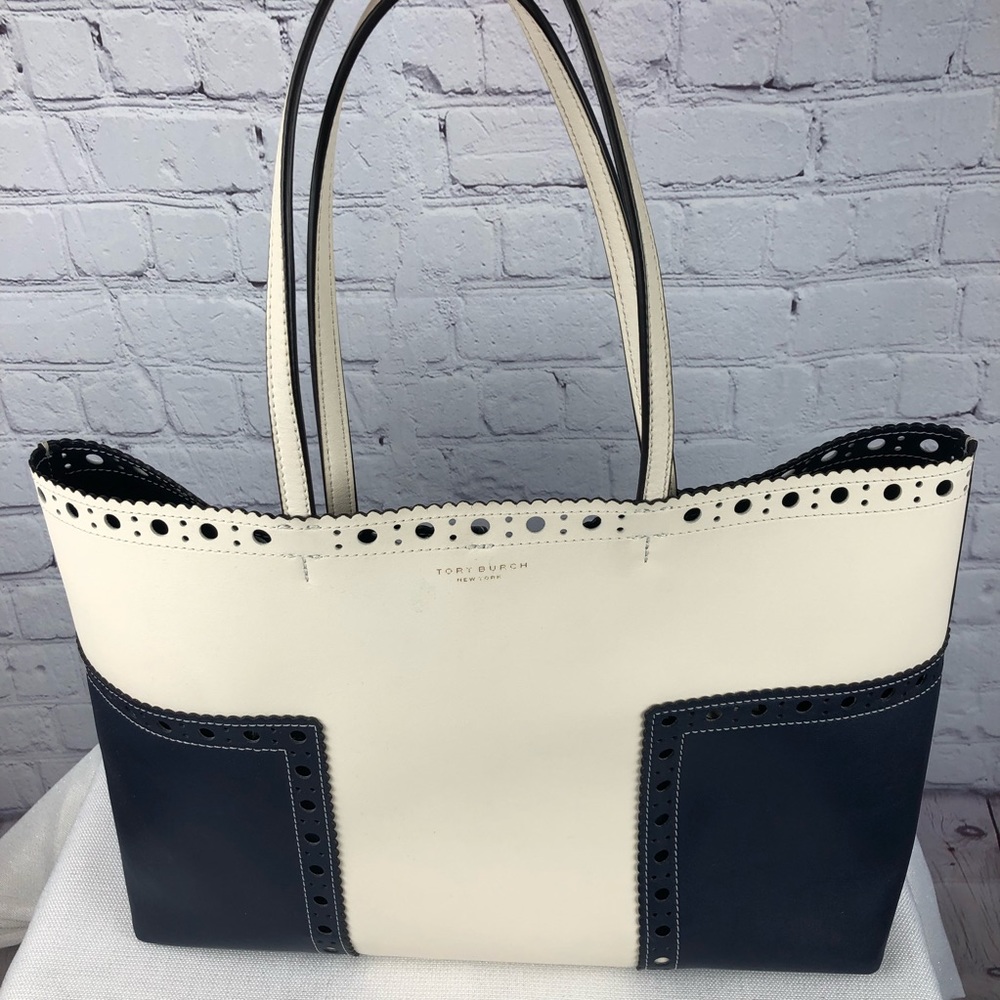 Tory Burch Scalloped Leather Tote navy blue and ivory two-toned handbag wristlet